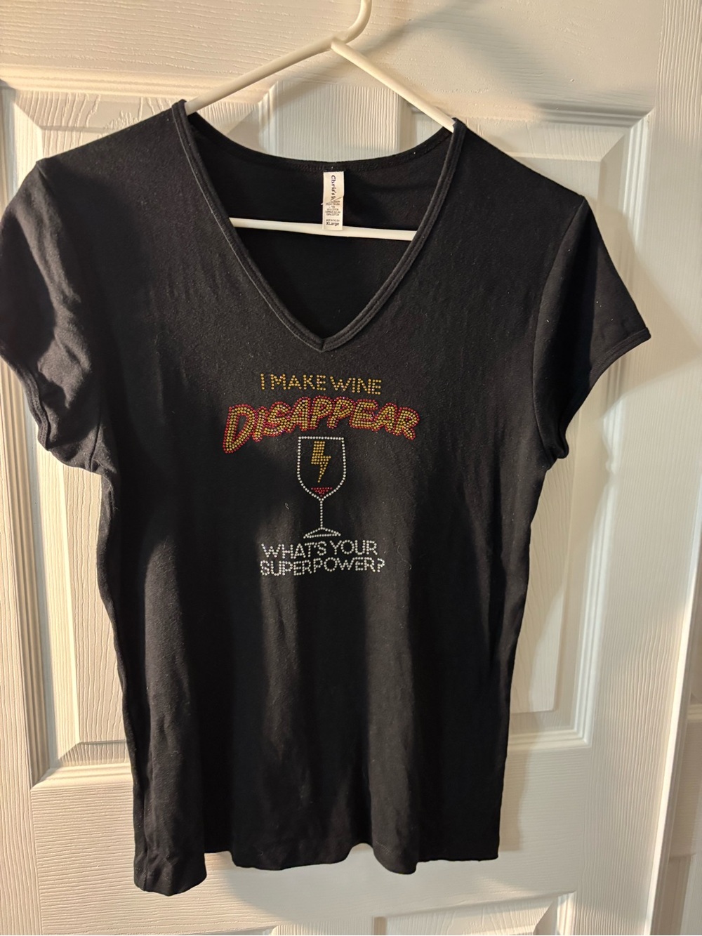 Black V-Neck Rhinestone Graphic Tee - I Make Wine Disappear
